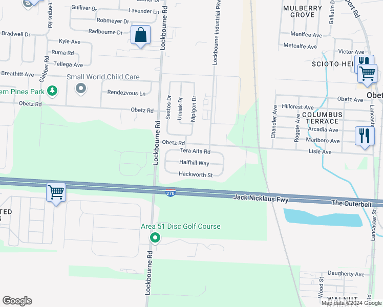 map of restaurants, bars, coffee shops, grocery stores, and more near 1419 Tera Alta Road in Columbus
