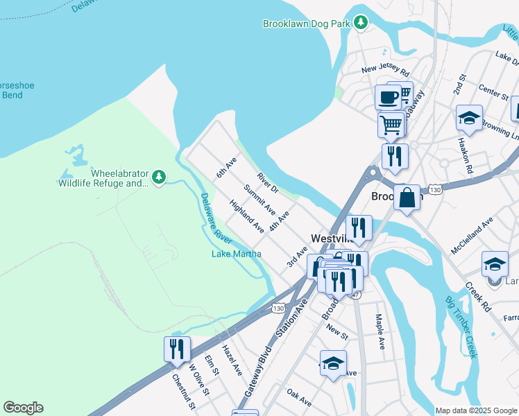 map of restaurants, bars, coffee shops, grocery stores, and more near 425 Highland Avenue in Westville
