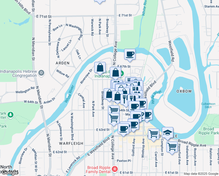map of restaurants, bars, coffee shops, grocery stores, and more near 6454 North College Avenue in Indianapolis