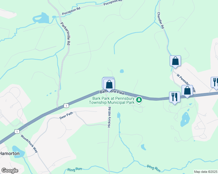 map of restaurants, bars, coffee shops, grocery stores, and more near 883 Baltimore Pike in Chadds Ford