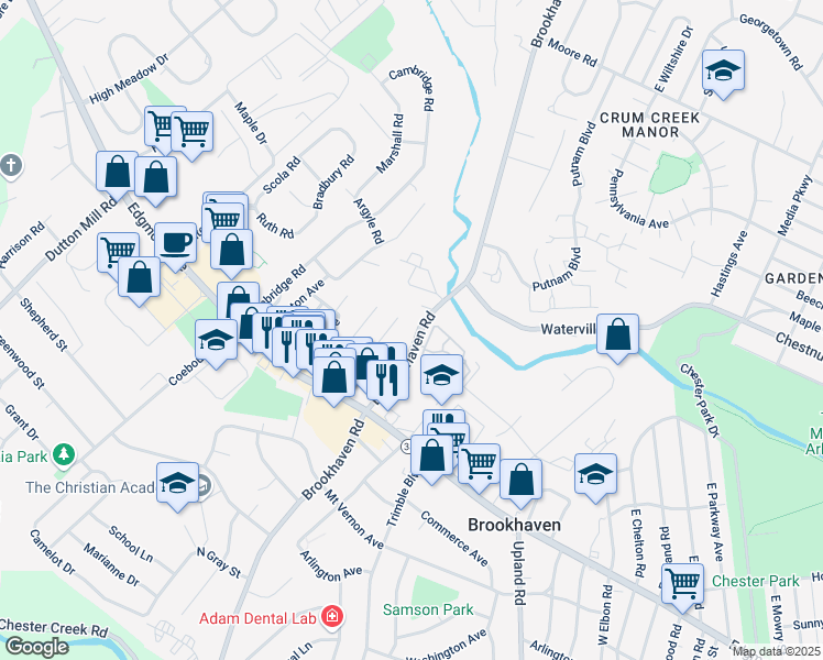 map of restaurants, bars, coffee shops, grocery stores, and more near 146 East Brookhaven Road in Brookhaven