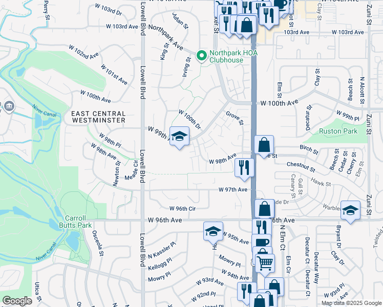 map of restaurants, bars, coffee shops, grocery stores, and more near 3390 West 98th Place in Westminster