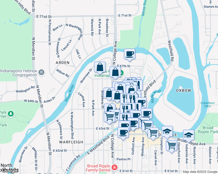 map of restaurants, bars, coffee shops, grocery stores, and more near 6454 North College Avenue in Indianapolis