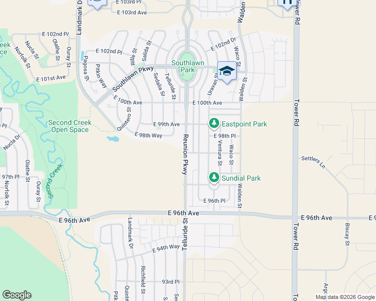 map of restaurants, bars, coffee shops, grocery stores, and more near 9800 Reunion Parkway in Commerce City