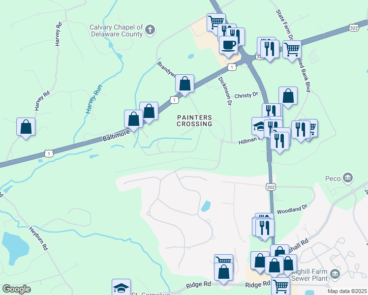 map of restaurants, bars, coffee shops, grocery stores, and more near 1106 Painters Crossing in Chadds Ford