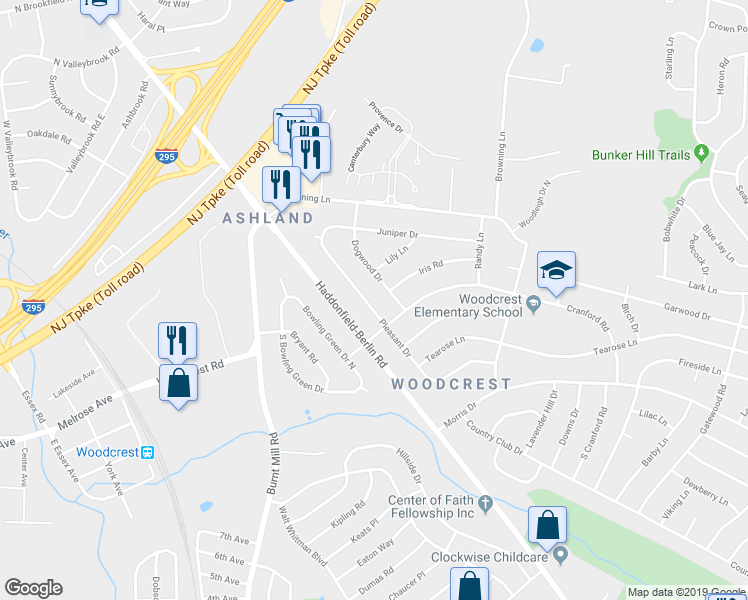 map of restaurants, bars, coffee shops, grocery stores, and more near 1524 Pleasant Drive in Cherry Hill