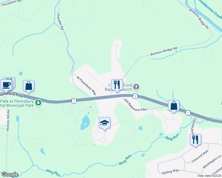 map of restaurants, bars, coffee shops, grocery stores, and more near 1 West Pennsbury Way in Chadds Ford