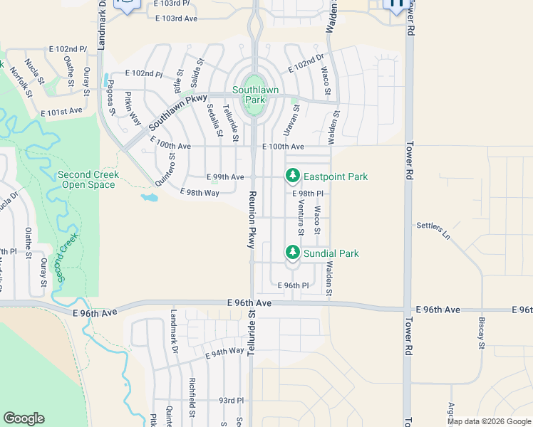 map of restaurants, bars, coffee shops, grocery stores, and more near 9800 Reunion Parkway in Commerce City