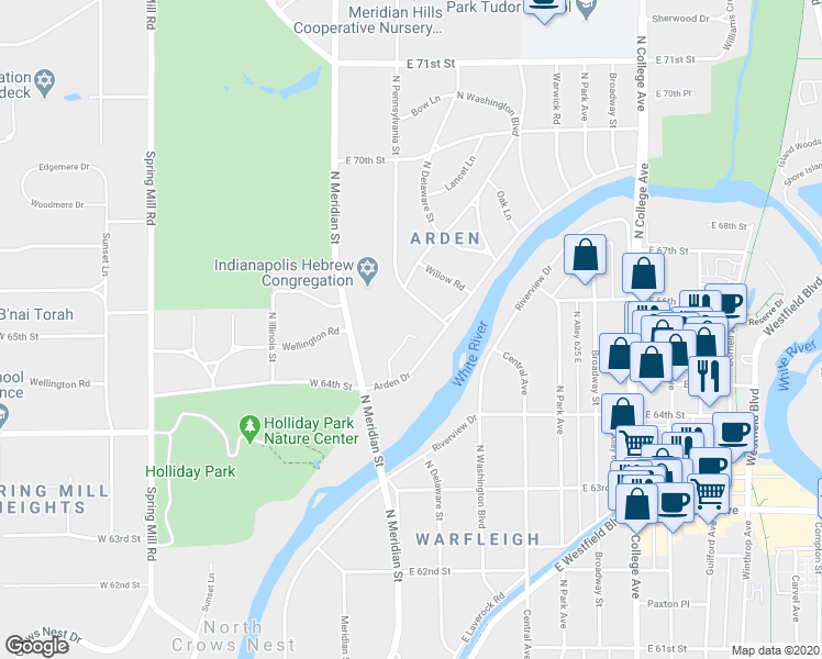 map of restaurants, bars, coffee shops, grocery stores, and more near 6530 Meridian Parkway in Indianapolis