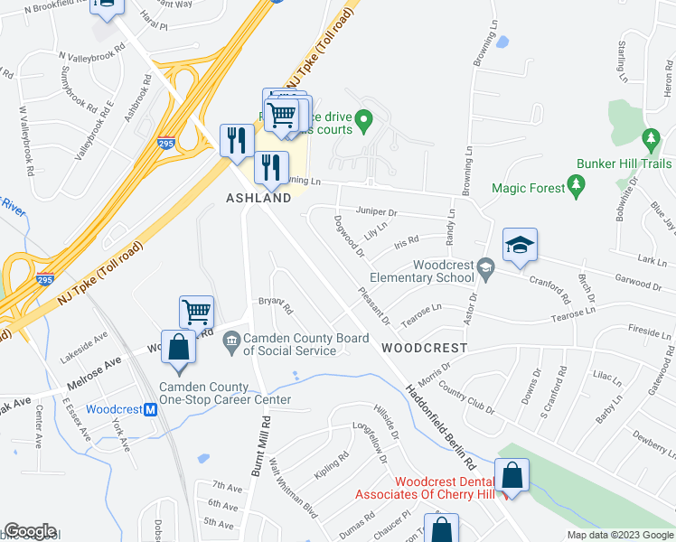 map of restaurants, bars, coffee shops, grocery stores, and more near 1539 Haddonfield-Berlin Road in Cherry Hill