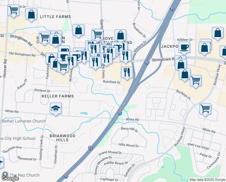 map of restaurants, bars, coffee shops, grocery stores, and more near 1948 Michelle Court in Grove City