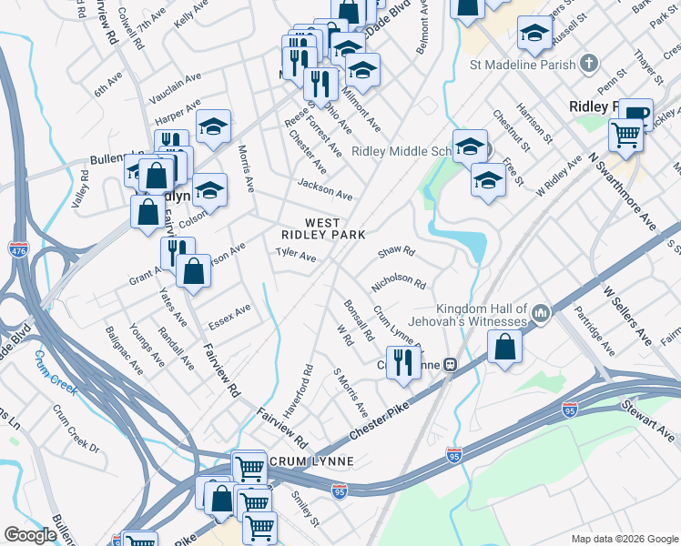 map of restaurants, bars, coffee shops, grocery stores, and more near 517 Bonsall Road in Ridley Park