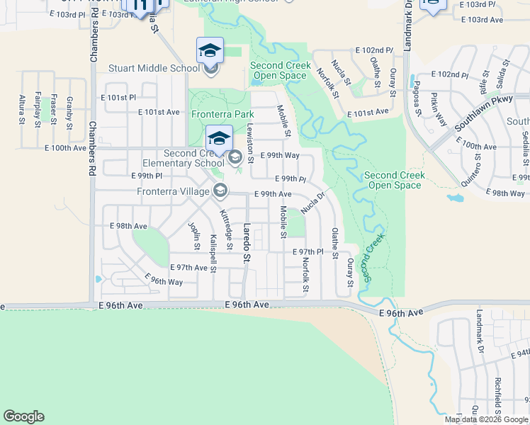 map of restaurants, bars, coffee shops, grocery stores, and more near 16282 East 98th Way in Commerce City