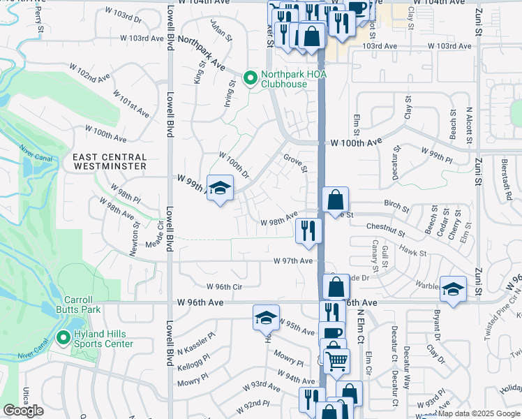 map of restaurants, bars, coffee shops, grocery stores, and more near 3260 West 98th Avenue in Westminster