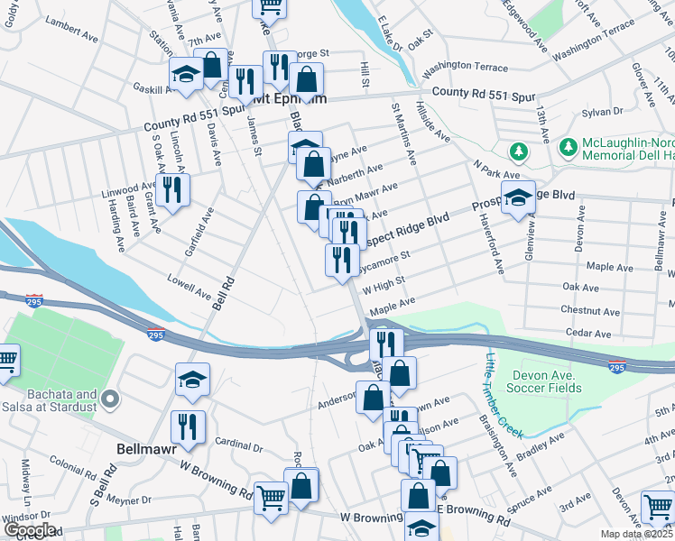 map of restaurants, bars, coffee shops, grocery stores, and more near 20 Glover Avenue in Mount Ephraim