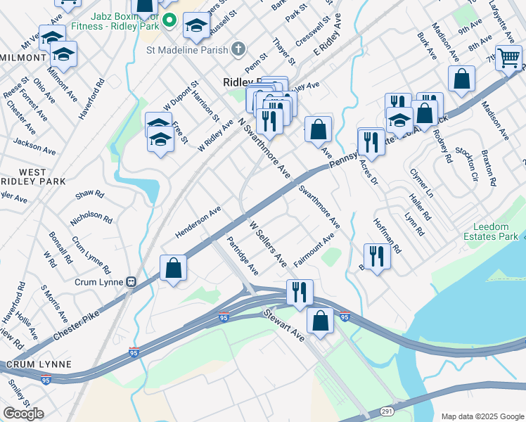 map of restaurants, bars, coffee shops, grocery stores, and more near 28 Delaware Avenue in Ridley Park