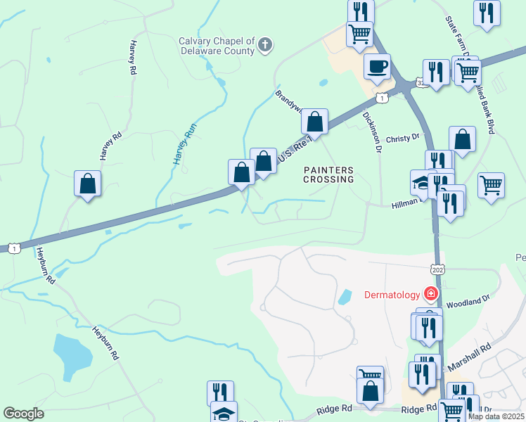 map of restaurants, bars, coffee shops, grocery stores, and more near 401 Painters Crossing in Chadds Ford