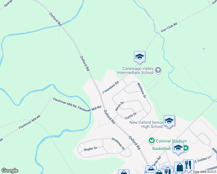 map of restaurants, bars, coffee shops, grocery stores, and more near 40 7 Hundred Road in New Oxford