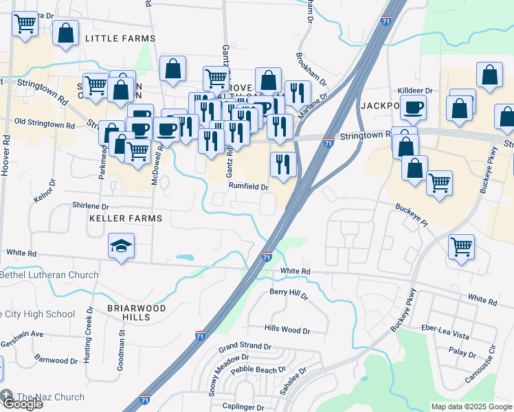 map of restaurants, bars, coffee shops, grocery stores, and more near 4289 Moreland Circle West in Grove City