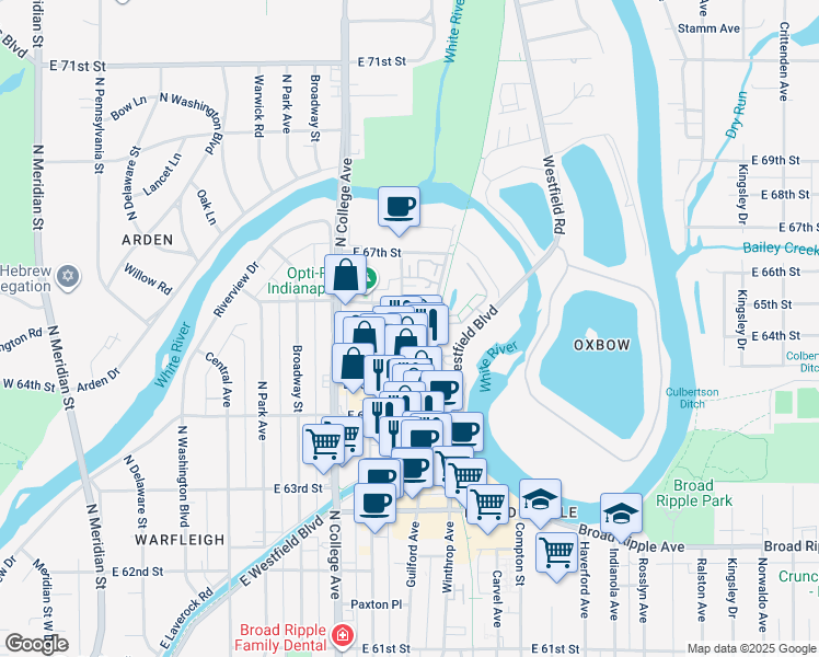 map of restaurants, bars, coffee shops, grocery stores, and more near 6340 Ferguson Street in Indianapolis