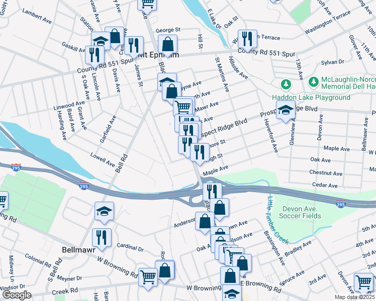 map of restaurants, bars, coffee shops, grocery stores, and more near 279 S Black Horse Pike in Mt Ephraim