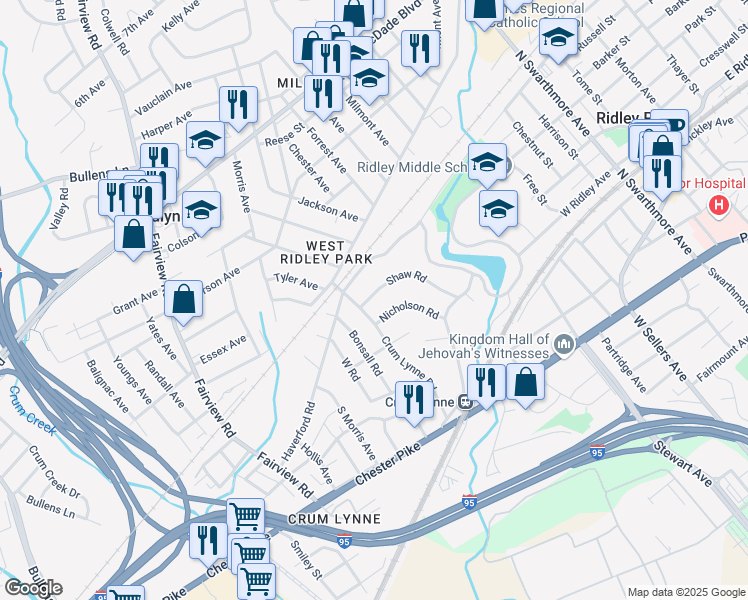 map of restaurants, bars, coffee shops, grocery stores, and more near 382 Shaw Road in Ridley Park