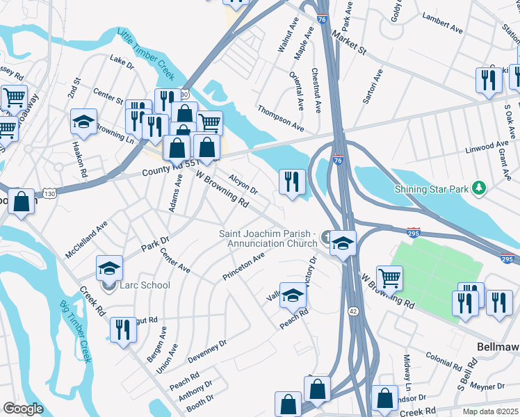 map of restaurants, bars, coffee shops, grocery stores, and more near 907 West Browning Road in Bellmawr
