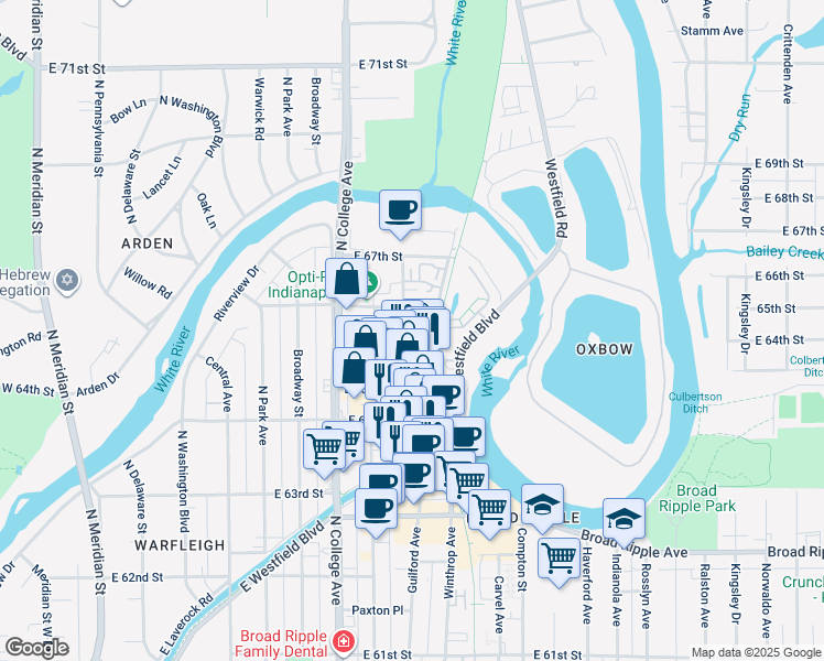 map of restaurants, bars, coffee shops, grocery stores, and more near 6340 Ferguson Street in Indianapolis