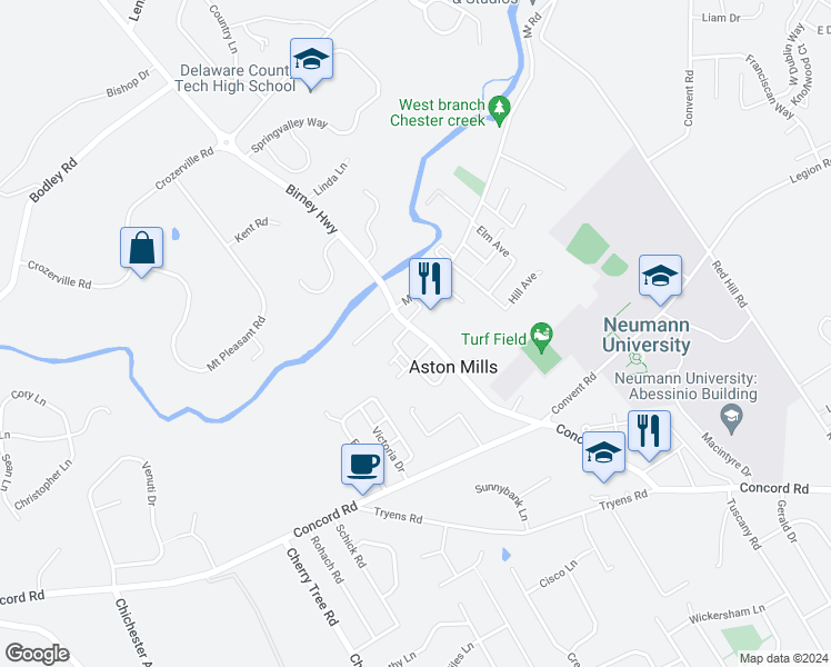 map of restaurants, bars, coffee shops, grocery stores, and more near 820B Aston Mills Road in Aston