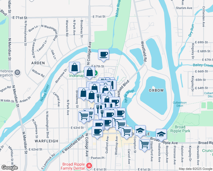 map of restaurants, bars, coffee shops, grocery stores, and more near 902 East 66th Street in Indianapolis