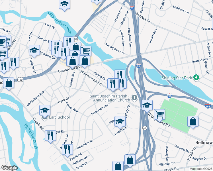 map of restaurants, bars, coffee shops, grocery stores, and more near 907 West Browning Road in Bellmawr