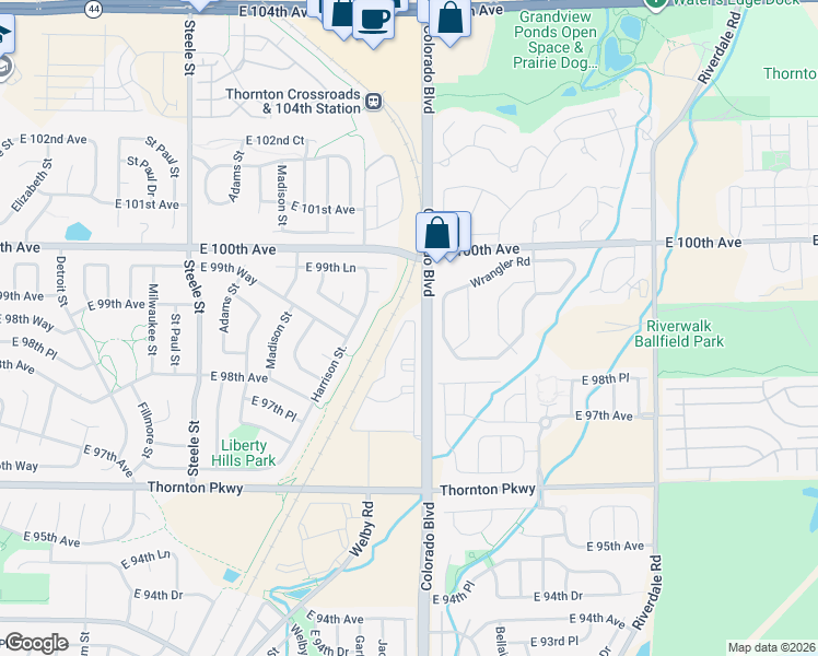 map of restaurants, bars, coffee shops, grocery stores, and more near 9700 Welby Road in Thornton