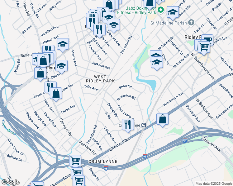 map of restaurants, bars, coffee shops, grocery stores, and more near 376 Shaw Road in Ridley Park
