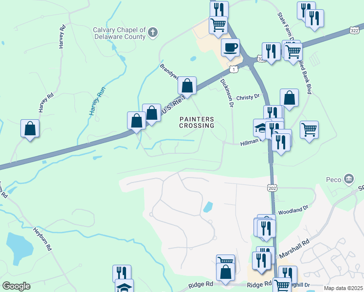 map of restaurants, bars, coffee shops, grocery stores, and more near 911 Painters Crossing in Chadds Ford