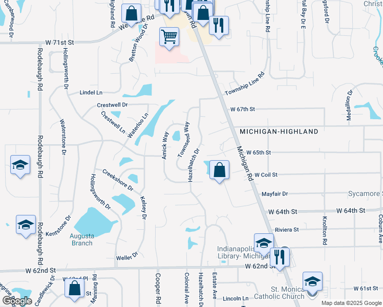 map of restaurants, bars, coffee shops, grocery stores, and more near 6504 Hazelhatch Drive in Indianapolis