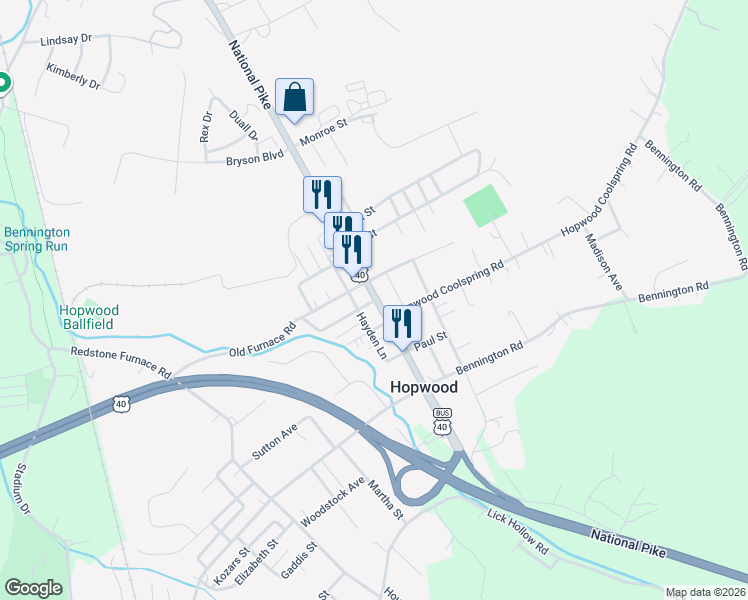 map of restaurants, bars, coffee shops, grocery stores, and more near U.S. 40 Business in Hopwood
