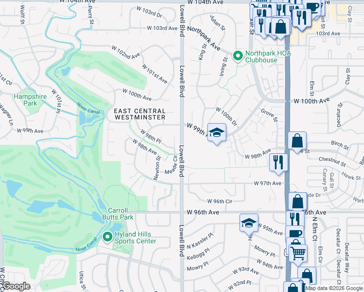 map of restaurants, bars, coffee shops, grocery stores, and more near 9451 Hooker Street in Westminster