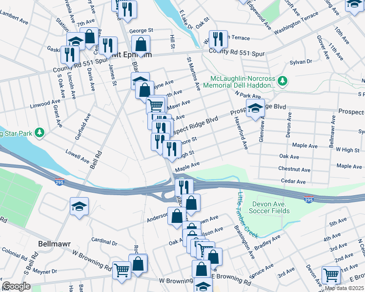 map of restaurants, bars, coffee shops, grocery stores, and more near 2008 Sycamore Street in Haddon Heights