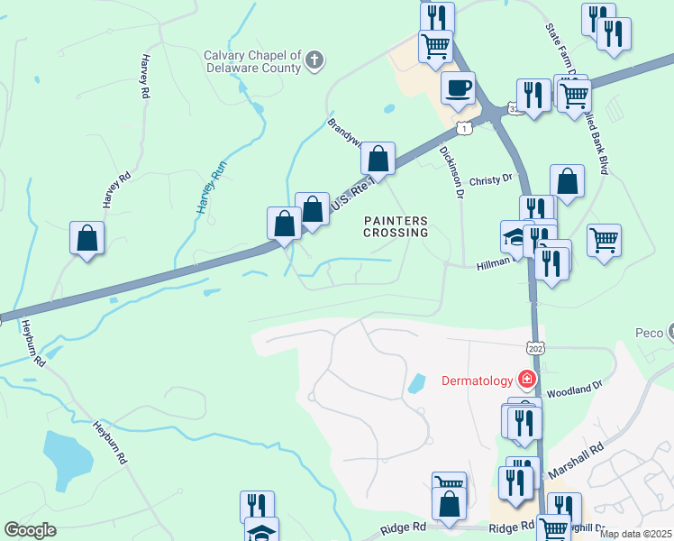 map of restaurants, bars, coffee shops, grocery stores, and more near 1268 Baltimore Pike in Chadds Ford