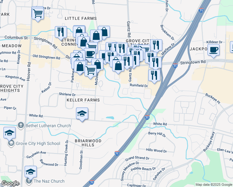 map of restaurants, bars, coffee shops, grocery stores, and more near in Grove City