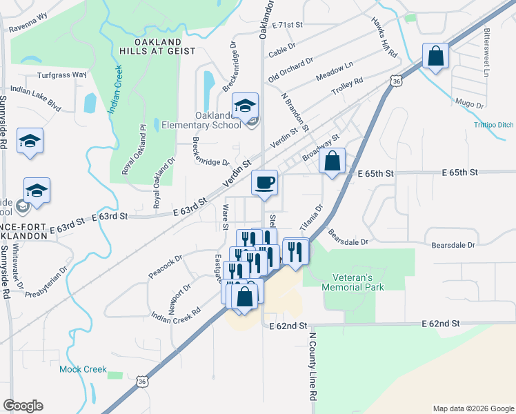 map of restaurants, bars, coffee shops, grocery stores, and more near 6450 Oaklandon Road in Indianapolis