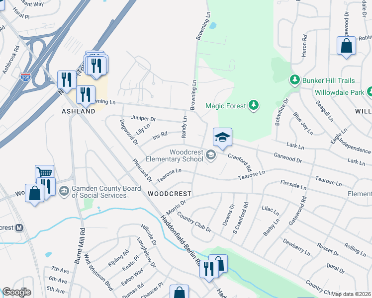 map of restaurants, bars, coffee shops, grocery stores, and more near 1516 Randy Lane in Cherry Hill