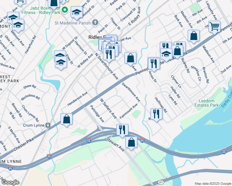 map of restaurants, bars, coffee shops, grocery stores, and more near 24 Ladomus Avenue in Ridley Park
