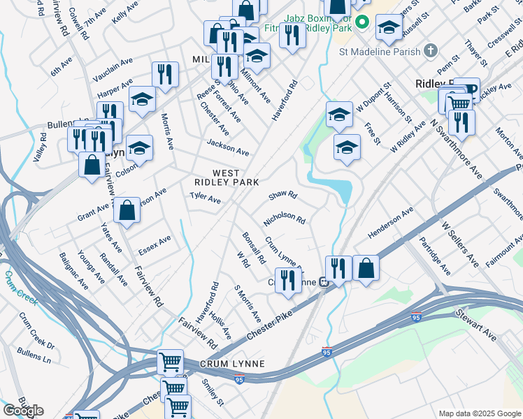 map of restaurants, bars, coffee shops, grocery stores, and more near 382 Shaw Road in Ridley Park