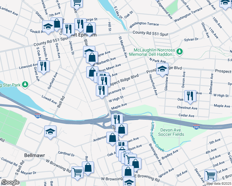 map of restaurants, bars, coffee shops, grocery stores, and more near 2008 Sycamore Street in Haddon Heights