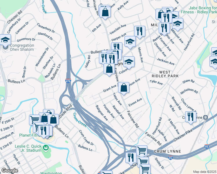 map of restaurants, bars, coffee shops, grocery stores, and more near 1312 MacDade Boulevard in Woodlyn
