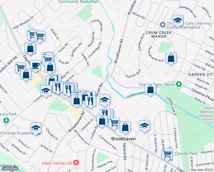 map of restaurants, bars, coffee shops, grocery stores, and more near 1023 Creekside Drive in Brookhaven