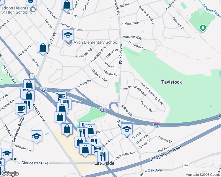 map of restaurants, bars, coffee shops, grocery stores, and more near 1220 Oakwood Road in Haddonfield