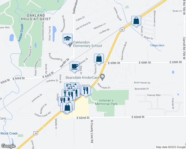 map of restaurants, bars, coffee shops, grocery stores, and more near 6442 Titania Drive in Indianapolis