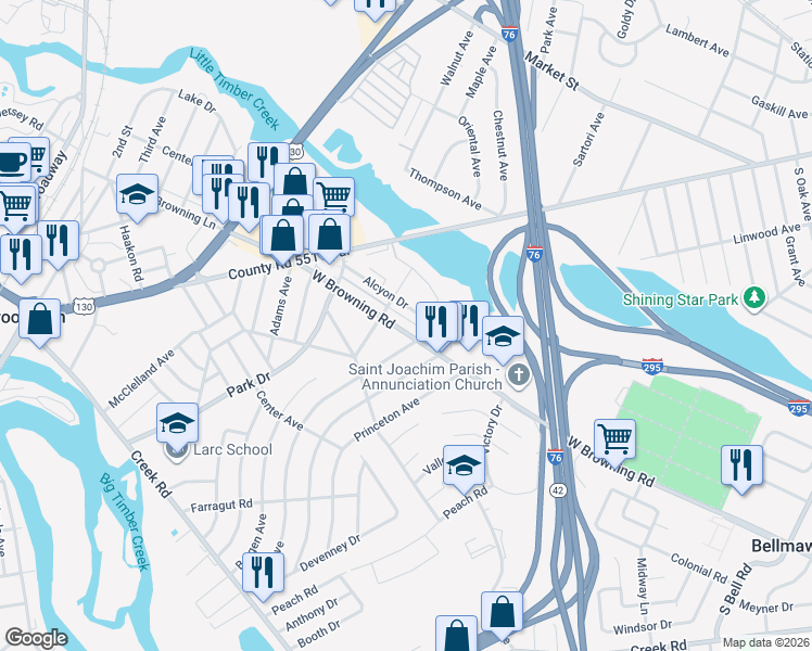 map of restaurants, bars, coffee shops, grocery stores, and more near 928 Alcyon Drive in Bellmawr